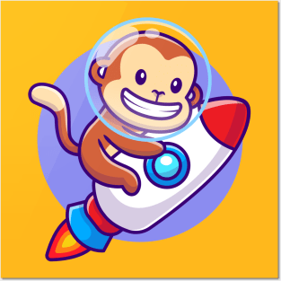 Cute Monkey Riding Rocket Cartoon Posters and Art